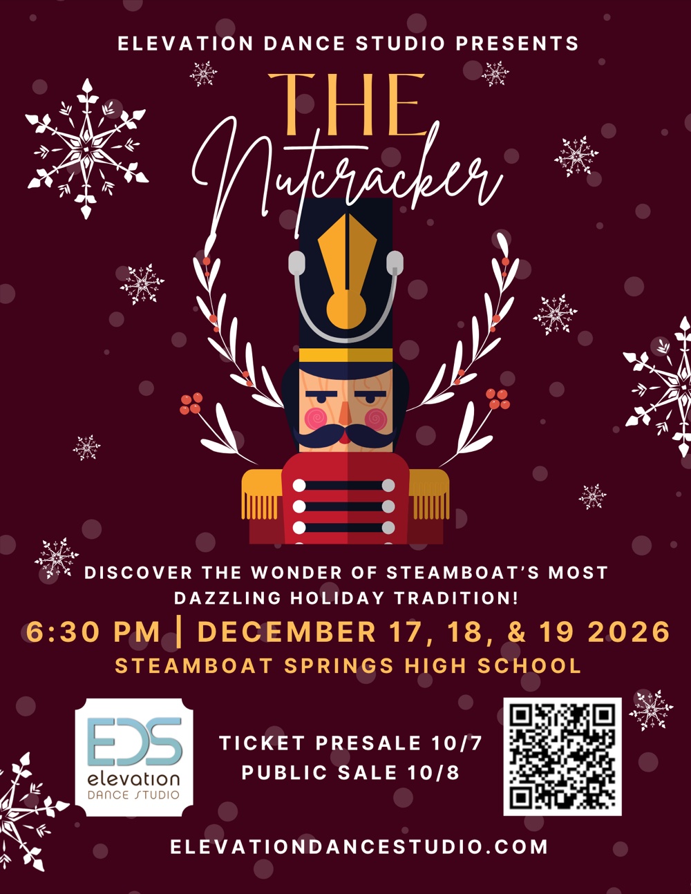 Elevation Dance Studio presents The Nutcracker. 6:30 PM, December 17, 18, and 19, 2026, at Steamboat Springs High School. Ticket presale October 7, public sale October 8.